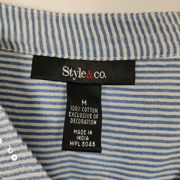 Style & Co Women's Boho Tunic Dress Blue White Striped Size Medium Eyelet Floral - Picture 4 of 8